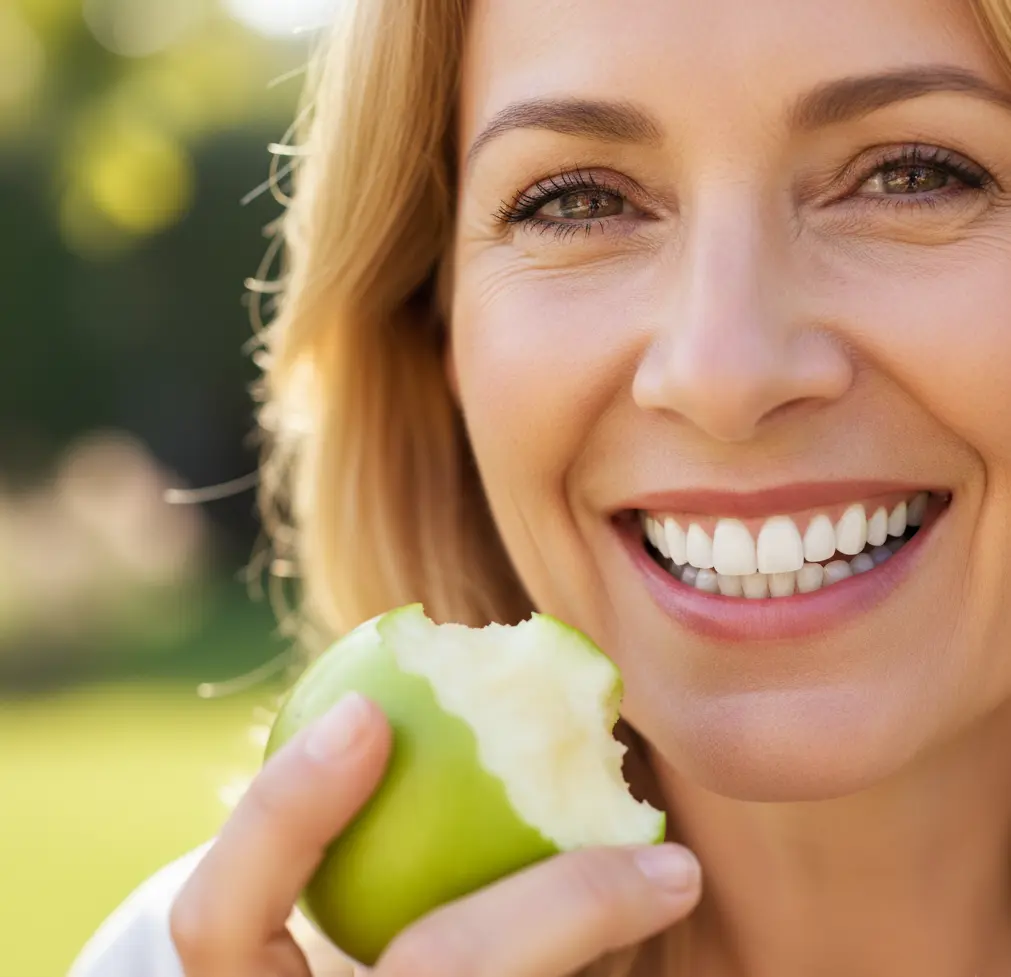 Persona sonriendo con total confianza mientras está a punto de morder una manzana
